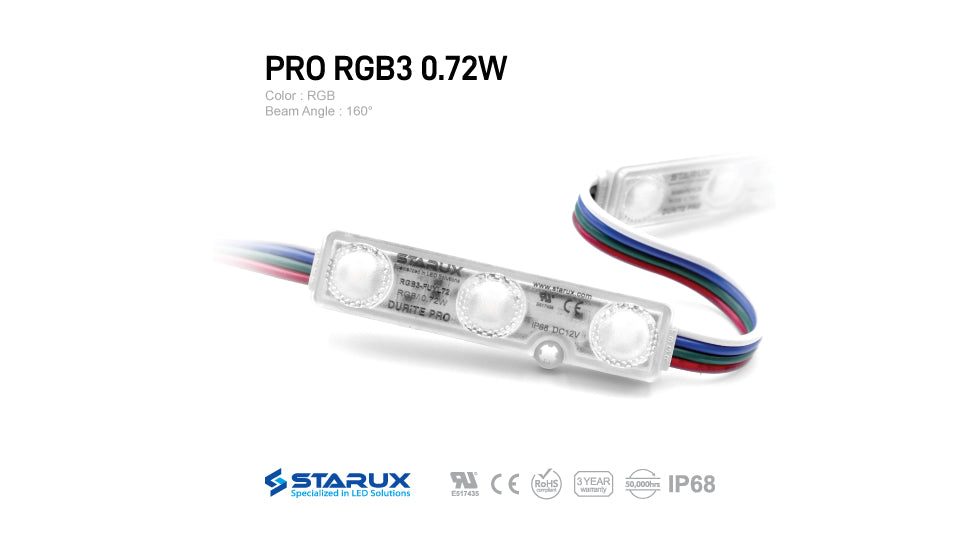 Starux, Channel LED Module, PRO RGB3 0.72W, RGB Change Color, 50 pcs, (25ft)